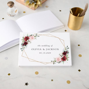 Burgund-Blume, rosa Blume, Grünpflanzen, Hochzeit Gästebuch