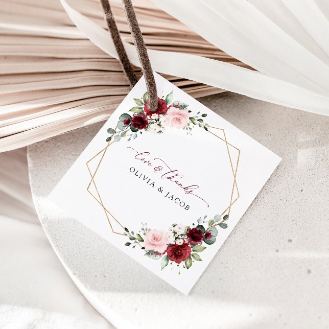 Burgund-Blume, rosa Blume, Grünpflanzen, Hochzeit Geschenkanhänger (Von Creator hochgeladen)