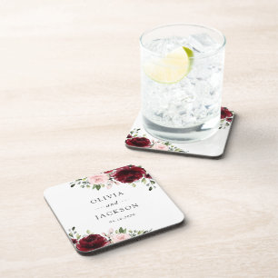 Burgund-Blume, rosa Blume, Grünpflanzen, Hochzeit Getränkeuntersetzer