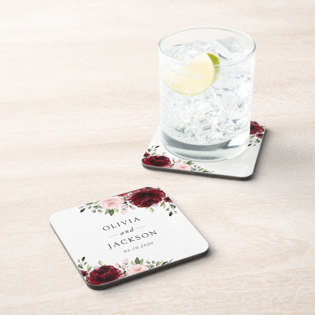 Burgund-Blume, rosa Blume, Grünpflanzen, Hochzeit Getränkeuntersetzer (Rechte Seite)