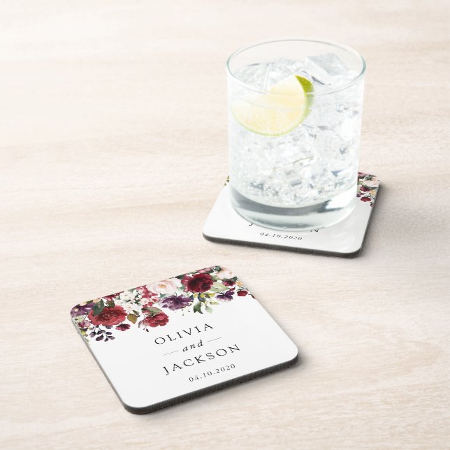 Burgund-Blume, rosa Blume, Grünpflanzen, Hochzeit Getränkeuntersetzer (Rechte Seite)