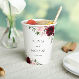 Burgund-Blume, rosa Blume, Grünpflanzen, Hochzeit Pappbecher