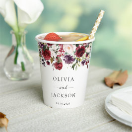 Burgund-Blume, rosa Blume, Grünpflanzen, Hochzeit Pappbecher