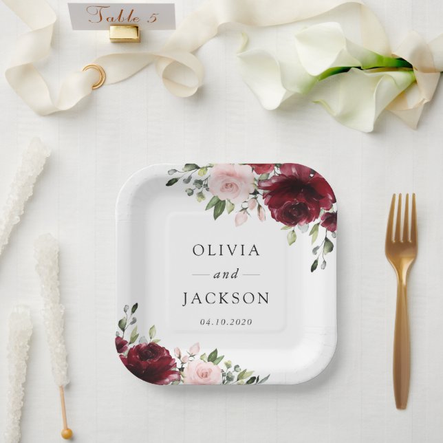 Burgund-Blume, rosa Blume, Grünpflanzen, Hochzeit Pappteller (Hochzeit)