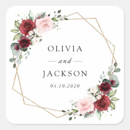 Burgund-Blume, rosa Blume, Grünpflanzen, Hochzeit Quadratischer Aufkleber