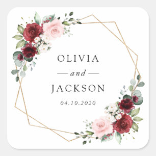 Burgund-Blume, rosa Blume, Grünpflanzen, Hochzeit Quadratischer Aufkleber