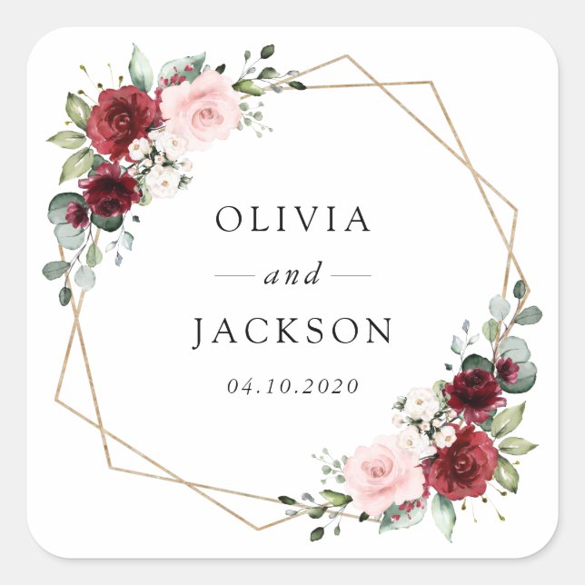 Burgund-Blume, rosa Blume, Grünpflanzen, Hochzeit Quadratischer Aufkleber (Vorderseite)