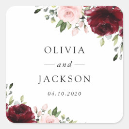 Burgund-Blume, rosa Blume, Grünpflanzen, Hochzeit Quadratischer Aufkleber