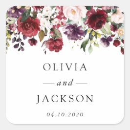 Burgund-Blume, rosa Blume, Grünpflanzen, Hochzeit Quadratischer Aufkleber