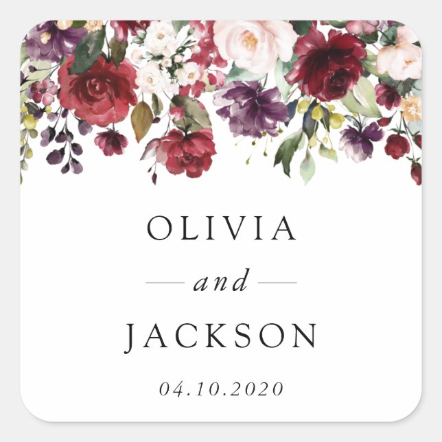 Burgund-Blume, rosa Blume, Grünpflanzen, Hochzeit Quadratischer Aufkleber (Vorderseite)