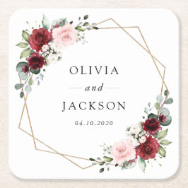 Burgund-Blume, rosa Blume, Grünpflanzen, Hochzeit Rechteckiger Pappuntersetzer