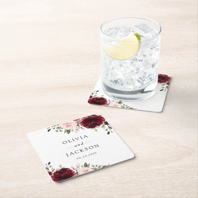 Burgund-Blume, rosa Blume, Grünpflanzen, Hochzeit Rechteckiger Pappuntersetzer (Vor Ort)