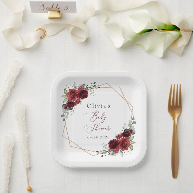 Burgund-Blume, Rote Blume, Babydusche Pappteller (Hochzeit)