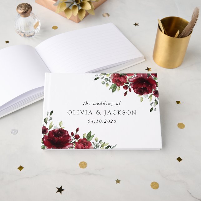 Burgund-Blume, Rote Blume, Blumenhochzeit Gästebuch (Vorderseite Offen)