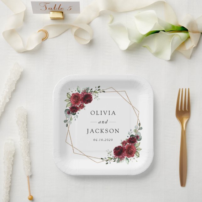 Burgund-Blume, Rote Blume, Blumenhochzeit Pappteller (Hochzeit)