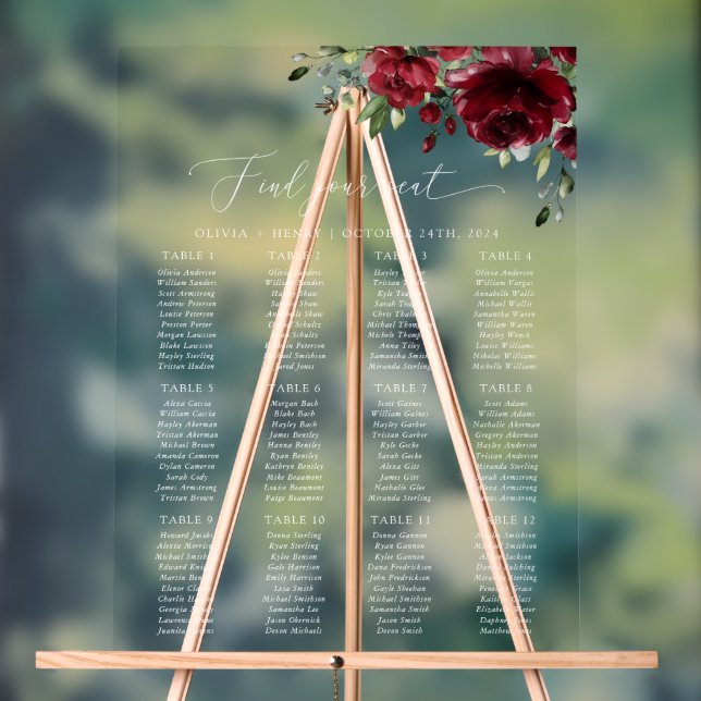 Burgund-Blume, Rote Blume, Boho, Sitzplan Acrylschild (Neutral)