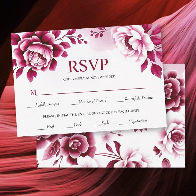 Burgund Blume und Aquarellwaschwasser Hochzeit RSVP Karte (Von Creator hochgeladen)