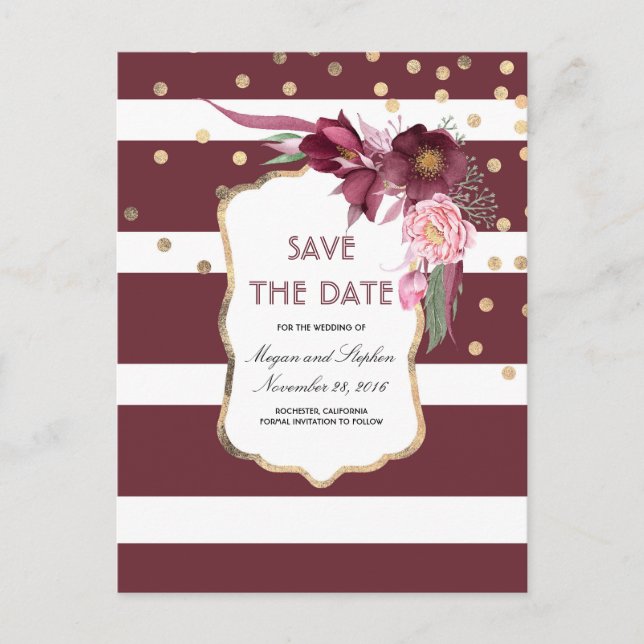Burgund Blume und Gold Confetti Save the Date Ankündigungspostkarte (Vorderseite)