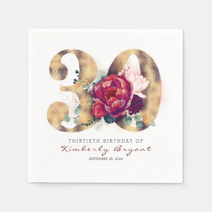 Burgund Blume und Goldtypografie 30. Geburtstag Serviette