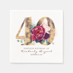 Burgund Blume und Goldtypografie 40. Geburtstag Serviette
