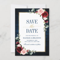 Burgund Blumen Navyblau Goldrahmen Save-the-Date-K