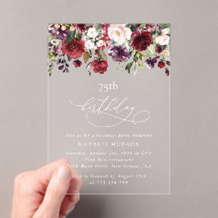 Burgund Blumen, rosa Blumen, Boho, Geburtstag Acryleinladungen