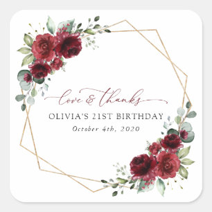 Burgund Blumen, Rote Blumen, Boho, Geburtstag Quadratischer Aufkleber