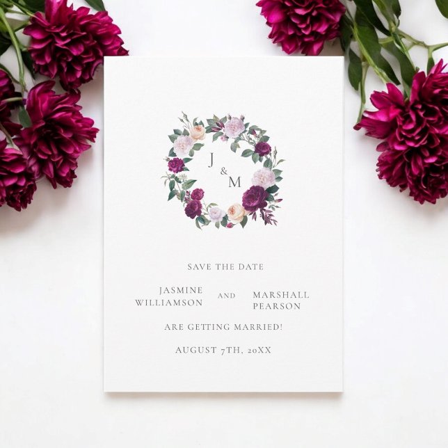 Burgund Blumen Save the Date elegant Einladung (stunning save the date card with monogram and a floral wreath )