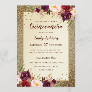 Burgund Blumen Sparkle Gold Quinceanera Einladung