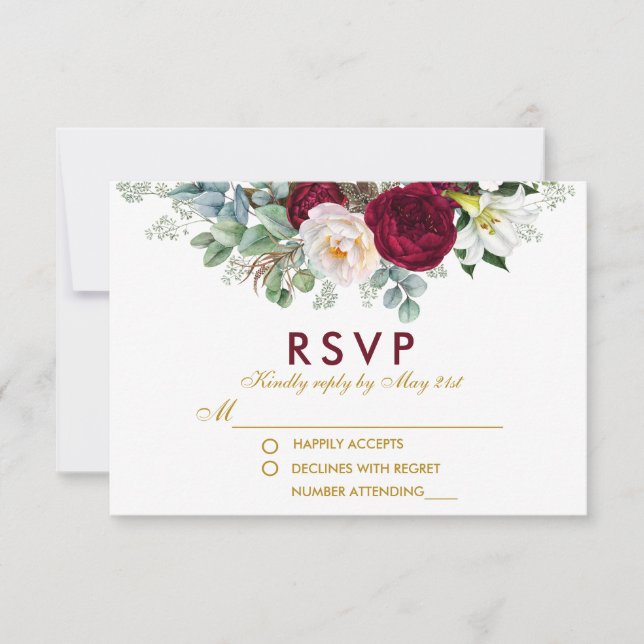 Burgund Blumengrün Gold Wedding RSVP (Vorderseite)