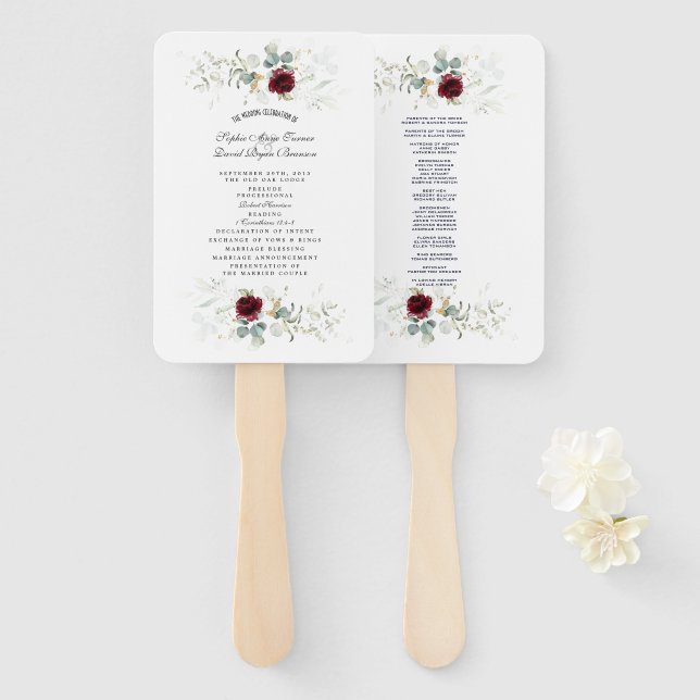 Burgund Blumengrün Hochzeitsprogramm Hand Fan Fächer (Vorne und Hinten)