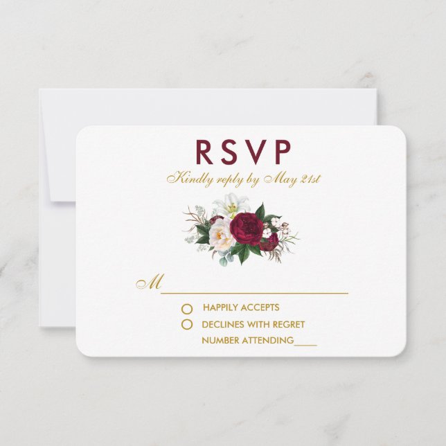 Burgund Blumengrün Wedding Gold UAWG RSVP Karte (Vorderseite)
