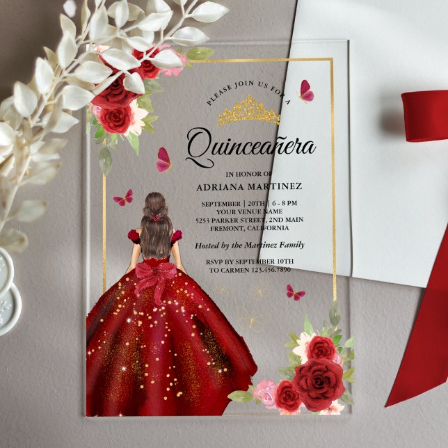 Burgund Blumenkleid Butterfly Quinceanera Acryleinladungen (Von Creator hochgeladen)