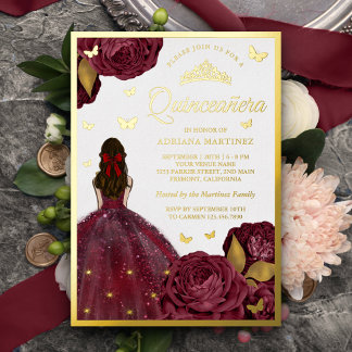 Burgund Blumenkleid Butterfly Quinceanera Gold Folieneinladung