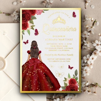 Burgund Blumenkleid Butterfly Quinceanera Gold Folieneinladung