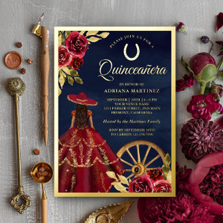Burgund Blumenkleid Marine Charro Quinceanera Gold Folieneinladung