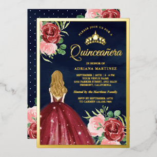 Burgund Blumenkleid Navy Blue Quinceanera Gold Folieneinladung