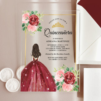 Burgund Blumenkleid Prinzessin Gold Quinceanera Acryleinladungen