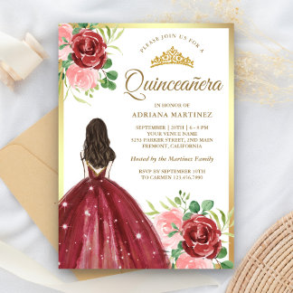 Burgund Blumenkleid Prinzessin Gold Quinceanera Einladung