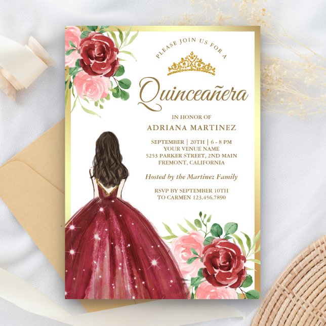 Burgund Blumenkleid Prinzessin Gold Quinceanera Einladung (Von Creator hochgeladen)