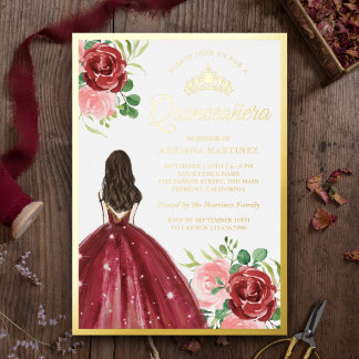 Burgund Blumenkleid Prinzessin Quinceanera Gold Folieneinladung