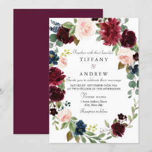 Burgund Blumenreath Moderne Elegante Hochzeit Einladung