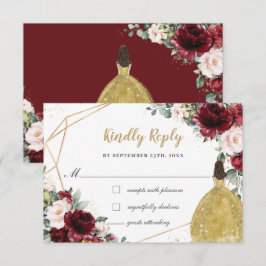 Burgund Blush Bloral Quinceñera Gold Prinzessin RSVP Karte