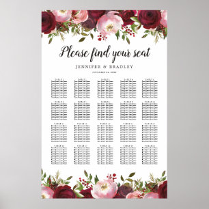 Burgund Blush Bloral Wedding 20 Tabelle Chart Poster