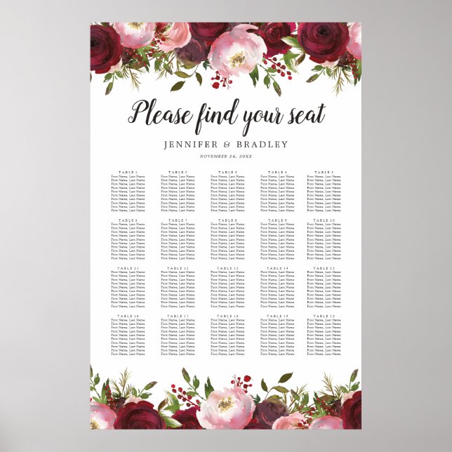 Burgund Blush Bloral Wedding 20 Tabelle Chart Poster (Vorne)