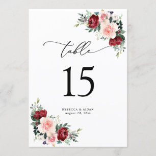 Burgund Blush Bloral Wedding Tischnummer Cards