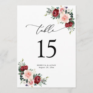 Burgund Blush Bloral Wedding Tischnummer Cards