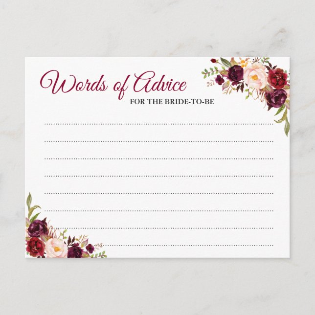 Burgund Blush Bloral Wedding Words of Advice Card Hinweiskarte (Vorderseite)