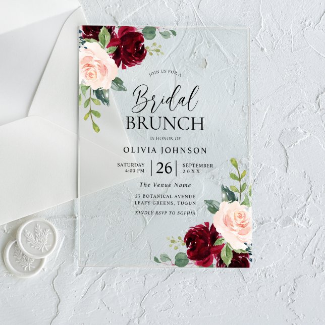Burgund & Blush Blume Brautparty Brunch Acryleinladungen (Von Creator hochgeladen)
