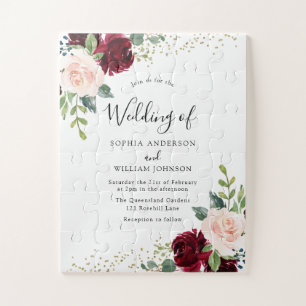 Burgund & Blush Blume Glitzer Hochzeit Einladung Puzzle